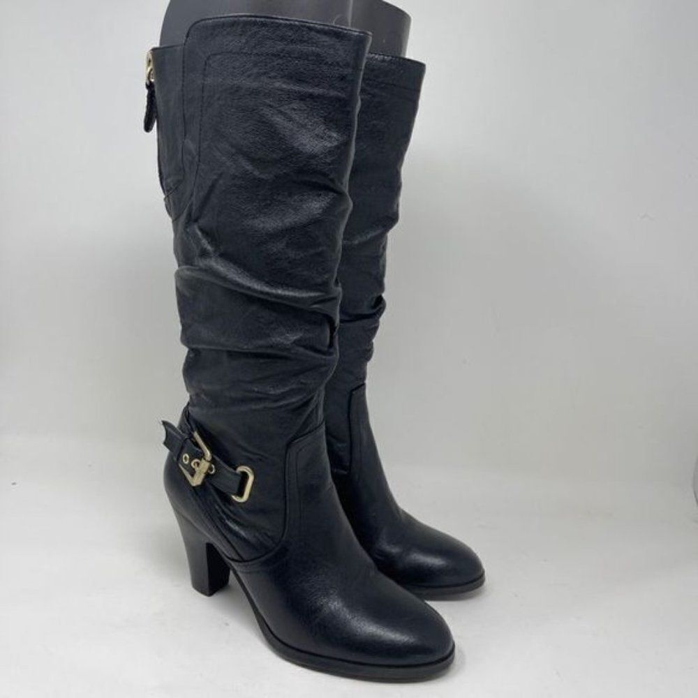 Guess Womens Mallay Tall Moto Boots Zipper Buckle Details Leather Black US 6.5